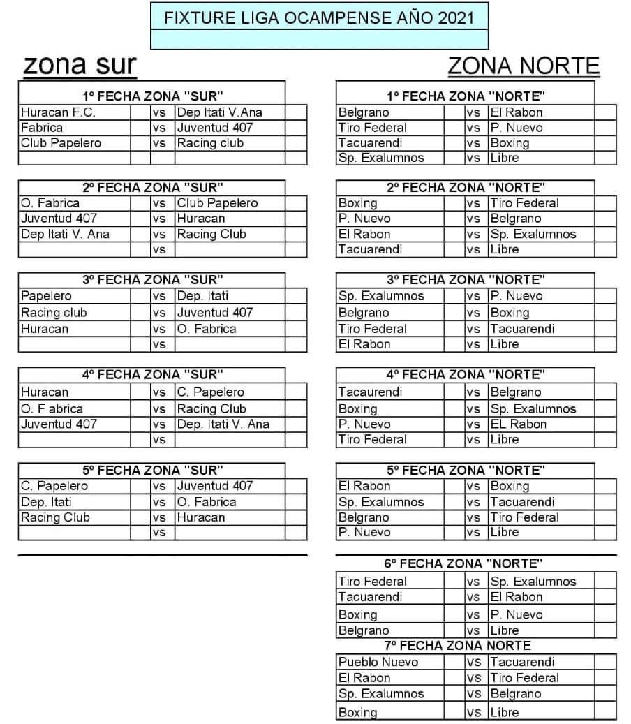 Fixture de la Liga Ocampense de Fútbol 2021